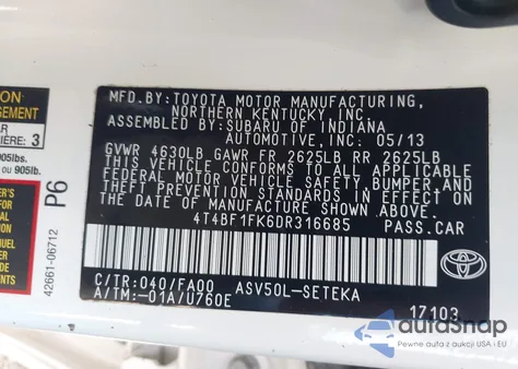 2013 Toyota Camry L from USA, damaged, VIN 4T4BF1FK6DR316685